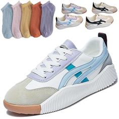 five pairs of women's sneakers with different colors and sizes on the soles