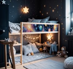 a child's bedroom with a bunk bed and stars on the wall above it