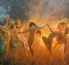 an oil painting of four women dancing in front of a fire with their arms stretched out