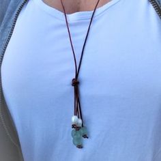 ❤️My exciting new Unisex Boho Beach Collection ! These great adjustable necklaces fit all and are all the trend. Stack them, mix them, wear multiple or alone. Add to your Neck Mess Style! Some of this collection will include clay essential oil defusing beads, sea glass, and pearls. This necklace is adjustable to fit most people. The adjustable knots are easy to use and make it possible for you to adjust to a bracelet or anklet... as tight or loose as you like. To open, move the slider knot close Casual Beach Necklace With Sliding Knot, Casual Summer Jewelry With Adjustable Length, Everyday Adjustable Waxed Cord Necklace, Beach Jewelry Lariat With Adjustable Length, Beach Lariat Jewelry With Adjustable Length, Trendy Handmade Necklace For Everyday Use, Trendy Long Beach Necklaces, Casual Handmade Jewelry For Everyday Use, Everyday Casual Summer Necklaces