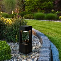 an outdoor light in the middle of a garden with grass and bushes around it,