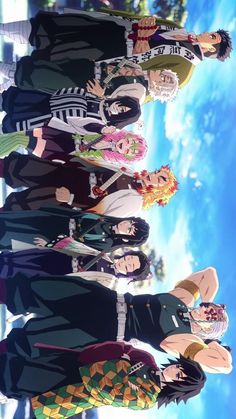 some anime characters standing together in front of a blue sky