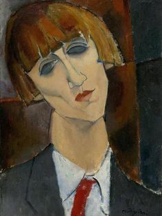 a painting of a woman in a suit and tie with blue eyeshades, wearing a red tie