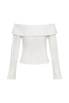 Classic everyday. The SPENCER Off Shoulder Shirting Top effortlessly blends classic tailoring with a modern twist. Featuring a centre front button closure and rounded collar shaping, this top showcases a chic Bardot neckline that elegantly frames the shoulders. Its fitted design and long sleeves with flared cuffs add a touch of sophistication and drama. Perfectly versatile, the Spencer pairs beautifully with the Angie Pleated Buckle Mini Skirt for a playful, refined look or with the Penelope Ple Chic Collared Top For Business Casual, Elegant Fitted Blouse With Button Closure, Elegant Long Sleeve Tops With Button Closure, Chic Evening Tops With Button Closure, Modern Collared Tops For Fall, Chic White Tops For Office Wear, Chic White Top For Office Wear, Modern Collar Tops For Fall, Chic White Office Wear Top