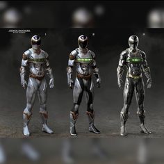 three different types of robot suits standing next to each other