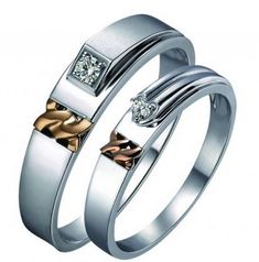 two wedding rings with diamonds on each one and the other in gold, silver and white