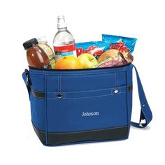 a blue cooler bag filled with food and drinks