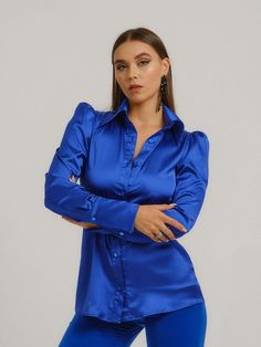 Luxury Long Sleeve Satin Shirt, Luxury Satin Formal Shirt, Luxury Satin Tops, Classic Blue Silk Blouse, Luxury Blue Long Sleeve Tops, Luxury Long Sleeve Blue Shirt, Luxury Blue Long Sleeve Shirt, Fitted Luxury Silk Blouse, Luxury Silk Fitted Blouse