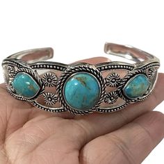 Stauer Triple Turquoise Cuff Open Bangle Silver Bracelet. Bangle Silver, Open Bangle, Turquoise Cuff, Womens Jewelry Bracelets, Silver Bracelet, Color Blue, Bangles, Cuff, Women Jewelry