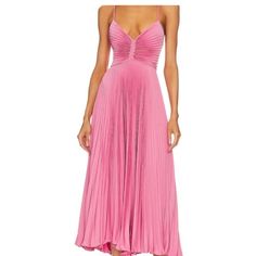 Beautiful Pink Alc Maxi Dress Feminine Summer Evening Dress With Pleated Bodice, Feminine A-line Cocktail Maxi Dress, Summer V-neck Evening Dress For Dinner, Feminine Pleated Midi Dress For Party, Summer V-neck Ruched Evening Dress, Summer Ruched V-neck Evening Dress, Spring Pink Evening Dress With Pleated Bodice, Feminine Midi Length Evening Dress, Elegant Ruched Evening Dress For Spring