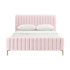 a pink bed with two pillows on top of the headboard and foot board, in front of a white background