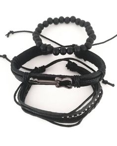 This guitar bracelet set complements your love for music. The all black bracelets are versatile and can be worn with any of your outfits. You can wear the bracelets together as a set or each one separately to create a different everyday. Every set is handmade with care. Product Information *Set comes with 3 bracelets *Material: leather/PU leather *Metals Type: alloy *Clasp Type: sliding knots *Adjustable Length: around 7 - 8.5 inches Adjustable Black Punk Wristband, Black Band Wristband For Concerts, Edgy Adjustable Black Wristband, Edgy Black Band Bracelets, Edgy Black Adjustable Wristband, Adjustable Black Punk Beaded Bracelets, Adjustable Black Bracelet With Band, Adjustable Black Beaded Punk Bracelets, Adjustable Black Band Bracelet