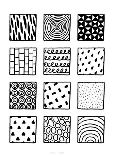 nine black and white squares with different patterns on them, each one has an interesting shape