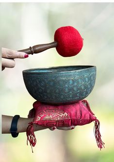 a red ball is being thrown into a blue bowl on top of a pink pillow