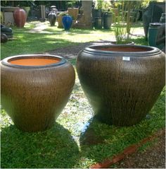 two large vases sitting in the grass