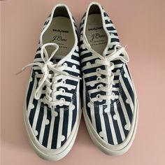 Rare And Limited Edition Brand New Seavees Legend Sneakers. This Was A Collaboration With J.Crew Made Exclusively For Net-A-Porter. Features White And Navy Stripes And Polka Dots. Never Worn. Size 8.5 (Bin 4) Navy Stripes, Net A Porter, Shoe Brands, Womens Shoes Sneakers, Porter, J Crew, Blue White, Polka Dots, Shoes Sneakers