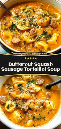 This butternut squash sausage tortellini soup is hearty, savory, and perfect for fall. A comforting and delicious meal in a bowl! Ingredients: 2 cups butternut squash, cubed 1 lb Italian sausage 1 cup tortellini 4 cups chicken broth Make this hearty butternut squash sausage tortellini soup for a filling and flavorful dinner Butternut Squash & Sausage Tortellini Soup., Tortellini Squash Soup, Butternut Squash Sausage Tortellini Soup, Soup Tortellini Sausage, Butternut Squash Pasta With Sausage And Spinach, Butternut Squash Tortellini Soup, Sausage And Squash Soup, Italian Sausage Butternut Squash Soup, Sausage And Butternut Squash Soup