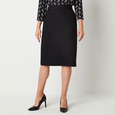 This Liz Claiborne women's pencil skirt is a classic style choice for a day of meetings or a casual event. Cut from smooth stretch-twill, this midi-length style has a flat front waist with a back zip closure. Complement it with a fine-knit sweater or blouse.Front Style: Flat FrontFeatures: Stretch FabricClosure Type: ZipperClosure Location: BackRise: Mid RiseApparel Length: 25.5 InchesFiber Content: 75% Polyester, 19% Rayon, 6% ElastaneFabric Description: Woven, TwillLining: LinedSkirt Length: K Petite Skirts, Tall Skirt, Fine Knit Sweater, Short People, Knee Length Skirt Pencil, Petite Skirt, Womens Pencil Skirts, Pencil Skirt Black, Pencil Skirts