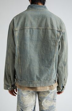 A faded wash and light distressing bring an instant lived-in look to this trucker jacket crafted in an oversized fit from nonstretch denim. 26" length (size XX-Small/X-Small) Front button closure Spread collar Button cuffs Chest button-flap patch pockets; front welt pockets Adjustable button side tabs 100% cotton Machine wash, tumble dry Made in Italy Designer Clothing Rugged Denim Jacket With Pockets In Medium Wash, Rugged Medium Wash Denim Jacket With Pockets, Oversized Washed Denim Jacket In Medium Wash, Casual Faded Denim Jacket Relaxed Fit, Casual Relaxed Fit Faded Denim Jacket, Fall Washed Blue Denim Jacket, Relaxed Fit Medium Wash Denim Jacket, Faded Stonewashed Fall Outerwear, Medium Wash Relaxed Fit Rigid Denim Outerwear