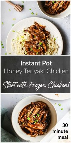 the instant pot honey teriyaki chicken is shown in three different bowls with noodles