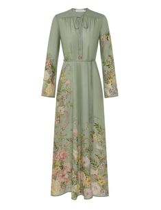 The Waverly Billow Maxi Dress in Sage Floral from our Summer Swim 2024 Collection. A silk placement print maxi dress featuring neck ties, removable waist belt, finished with gathering throughout. Floral Dress Haute Couture, Doctor Clothes, Boho Chic Design, One Piece Clothing, Placement Print, Green Tone, Zimmermann Dress, Ivory Silk, Neck Ties