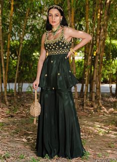 Dark Green Aaisha Peplum Kurta and Sharara Set Rashika Sharma - Fabilicious Fashion Traditional Drape Palazzo Set With Sequins For Diwali, Embellished Peplum Sets For Eid, Traditional Georgette Palazzo Set With Peplum Top, Designer Peplum Sharara For Navratri, Peplum Festival Sets With Gota Work, Diwali Peplum Set With Gota Work, Festival Peplum Sets With Gota Work, Diwali Reception Peplum Palazzo Set, Diwali Gota Work Peplum Set