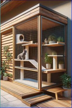 a cat sitting on top of a wooden shelf in front of a building with shelves filled with cats