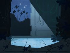 an open door with palm trees and stars in the sky at night, as seen from another room