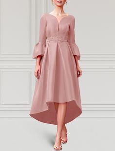 A-Line Cocktail Dresses Elegant Dress Formal Wedding Guest Asymmetrical 3/4 Length Sleeve V Neck Satin with Pleats 2024 Elegant A-line High Low Dress For Spring, Spring Long Sleeve Gown For Mother Of The Bride, Mother Of The Bride Half Sleeve Dresses For Spring, Pink Evening Dress With 3/4 Sleeves, Pink 3/4 Sleeve Evening Dress, Elegant Half Sleeve Bridesmaid Dress, Elegant 3/4 Sleeve Dress For Wedding Guest, Fitted Half Sleeve Dress For Wedding Guest, Elegant 3/4 Sleeve Midi Wedding Dress