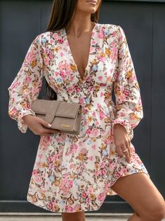 F00116334-105 Multicolor Floral Print Chiffon Dress V-neck, Corset Design, Floral Dress Casual, Party Dress Long Sleeve, Puff Sleeve Dresses, Spring Summer Dress, Vestido Casual, Summer Fashion Outfits, Party Dress Long