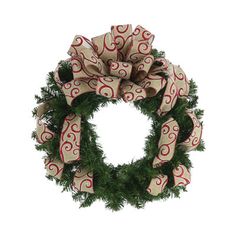 a christmas wreath with red swirls and green branches on white background, ready to be used as a decoration