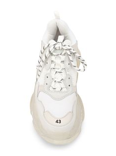 White leather Triple S bubble sneakers from Balenciaga featuring a front lace up detail, a cushioned air sole, branded detailing to the sides, a pull tab at the rear and three layered soles. | Balenciaga Triple S bubble sneakers Designer Low-top Sneakers With Laces, Designer Sneakers With Textured Sole For Streetwear, White Medium Fit Low-top Chunky Sneakers, White Mesh Sneakers With Rubber Sole, Mesh Sneakers With Round Toe And Medium Fit, Medium Fit Mesh Sneakers With Round Toe, Low-top Mesh Sneakers, White Leather Chunky Sneakers With Laces, Custom Streetwear Sneakers With Medium Fit