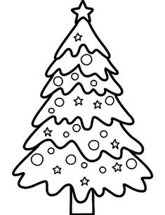 a christmas tree with stars and snowflakes on it, in black and white