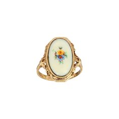 Featuring an enamel center stone with a floral decal, this gold tone ring from 1928 is the perfect way to add a touch of vintage sweetness to any ensemble. Featuring an enamel center stone with a floral decal, this gold tone ring from 1928 is the perfect way to add a touch of vintage sweetness to any ensemble. Size 8 Width: 0.8 Inches Metal: alloy Plating: gold tone Finish: polished Not appropriate for children 14 years old and younger. Color: Multi. Gender: female. Age Group: adult. Classic Oval Enamel Jewelry, Vintage Enamel Jewelry With Vintage Charm, Vintage Enamel Jewelry For Anniversary, Vintage Enamel Jewelry For Collectors, Vintage Enamel Collectible Jewelry, Classic Gold Enamel Ring, Oval Enamel Cabochon Rings, Oval Cabochon Enamel Rings, Antique Enamel Ring Collectible