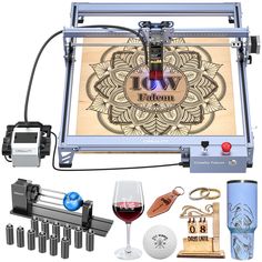 an image of a 3d printer with wine glasses and other items surrounding it on a white background