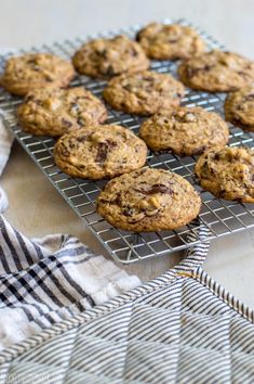 chocolate chip cookies cooling on a wire rack