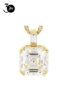 6.25ct asscher cut lab created   Strontium Titanate and .11ctw baguette white zircon, 18k yellow gold over sterling silver pendant with 18 inch Singapore chain. Measures approximately 9/16" L x 3/8" W and has lobster clasp with 2 inch extender. Accent stones primarily zircon. Asscher Cut Diamond Jewelry As Gift, Dazzling Asscher Cut Gemstone Jewelry, Fine Jewelry Asscher Cut For Formal Occasions, Elegant Asscher Cut Jewelry For Gifts, 14k Gold Rectangular Jewelry With Brilliant Cut, 14k Gold Rectangular Brilliant Cut Jewelry, 14k Gold Jewelry With Brilliant Cut Rectangular Shape, White Baguette Diamond Jewelry For Gifts, White Baguette Diamond Jewelry Gift