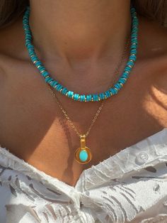 Step up your style with this stunning Turquoise Beaded Necklace set! Featuring a mix of turquoise and gold ceramic beads, complemented by unique gold beads, these necklaces exude a summer vibe. The longer necklace boasts a turquoise enamel charm on a gold stainless steel chain. Wear them together or separately for versatile elegance. Only at Christina Christi Store. 👉 My Womens Necklaces Collection: https://etsy.me/2G3pmJD 👉 Express Shipping: https://etsy.me/3ikUnOM MATERIALS - Turquoise Ceram Luxury Gold Turquoise Necklace With Round Beads, Turquoise Beaded Chain Necklace Gift, Gold Turquoise Necklace With Colorful Beads As Gift, Gold Turquoise Necklace With Polished Beads As Gift, Elegant Gold Turquoise Necklace With Colorful Beads, Bohemian Gold Turquoise Necklace With Polished Beads, Gold Bohemian Turquoise Necklace With Polished Beads, Gold Turquoise Necklace With Beaded Chain As Gift, Gold Turquoise Necklace With Round Beads And Natural Stones