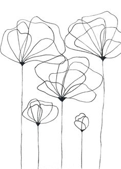 four flowers are shown in black and white, one is drawn on paper with lines