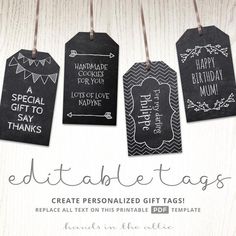 chalkboard tags with handwritten words on them are hanging from clothes pins and decorated with bunting