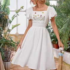 White Embroidery Dress White Embroidered A-line Dress For Spring, A-line Dress With Floral Embroidery For Brunch, White A-line Midi Dress With Floral Embroidery, Square Neck Floral Embroidery Dress For Brunch, Cotton Midi Dress With Floral Embroidery For Brunch, Spring A-line Embroidered Dress With Floral Embroidery, Summer Embroidered Dresses With Square Neck, White Cotton Midi Dress With Embroidery, White Embroidered Cotton Midi Dress