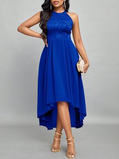 Royal Blue Elegant Collar Sleeveless Chiffon Plain A Line Embellished Non-Stretch  Women Clothing Royal Blue Bridesmaid Dresses, Holiday Dresses Women, Blue Bridesmaid Dresses, Royal Blue Dresses, Dress 16, Women Wedding Guest Dresses, Daily Dress, Women Long Dresses, Hem Dress