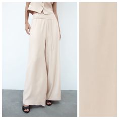 Nwt. Zara Beige Viscose Wide-Leg Flowing High-Waist Trousers With Elastic Waistband With Adjustable Drawstrings, Wide-Leg Design. Size L. Ref. 7731/304. Waist 15,5" Flat, Rise 14,5", Inseam 29,5". Z Summer Wide-leg Viscose Pants, Summer Viscose Wide-leg Pants, Versatile Fitted Wide Leg Pants For Summer, Versatile Viscose Wide Leg Pants For Spring, Elegant Viscose Wide Leg Pants For Summer, Viscose Wide-leg Pants For Summer, Summer Ankle-length Wide Leg Viscose Pants, Spring Workwear Wide Leg Viscose Pants, Summer Ankle-length Viscose Wide Leg Pants