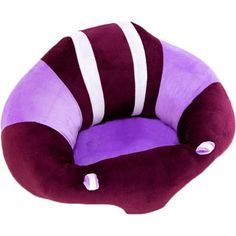 a purple and white dog bed with stripes on the bottom, in front of a white background