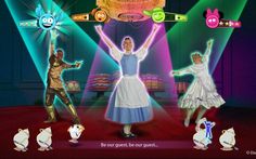 an animated image of people dancing on stage with colored lights and characters in the background