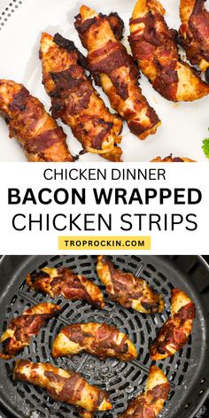 bacon wrapped chicken strips on a grill with text overlay