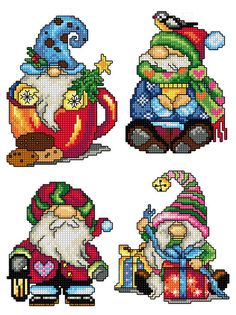 four cross stitch christmas gnomes with presents