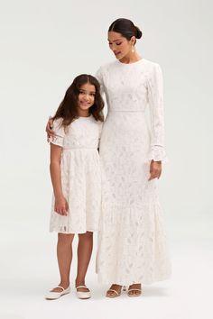 Embrace elegance with our Rayaa White Lace Dress, crafted with delicate lace and designed to match mommy's style. Make a statement at any special occasion with this exclusive piece. Model is 8 years old and 54 in. tall wearing size 8Y-9Y. White Dress Formal, Nikkah Dress, Dresses Flowy, Modest Dress, Mommy Style, White Lace Dress, Engagement Dresses, Basic Dress, Ribbed Dresses