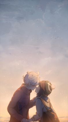 two people standing next to each other in front of a sky with clouds and stars