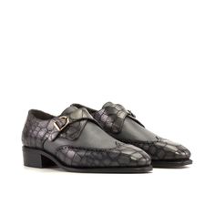 Men's Single Monk Strap Wingtips in Grey Croco Printed Calf with Chisel Toe Luxury Modern Monk Strap Shoes With Round Toe, Luxury Pointed Toe Monk Strap Shoes For Office, Luxury Masculine Cap Toe Monk Strap Shoes, Staple Shoes, Narrow Waist, High End Shoes, Botas Chelsea, Bespoke Shoes, Cuban Heels